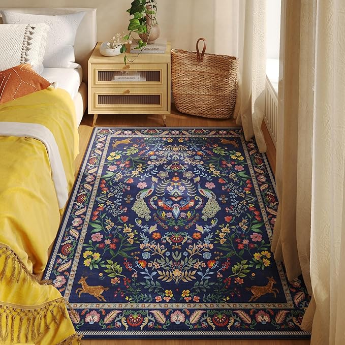 Area Rug 4x6 Rug Washable Rugs Floral Non Slip Low Pile Small Carpet for Bedroom, Bedside, Kids Room, Office, Dining Room(Blue)