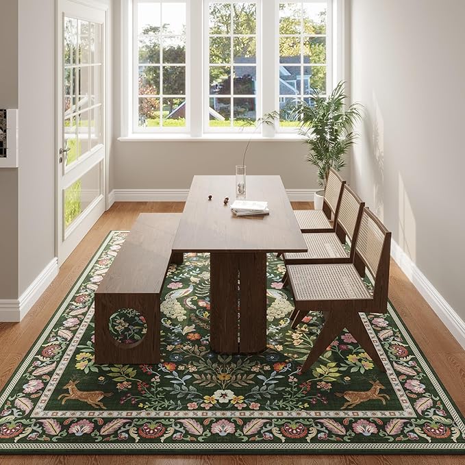 Living Room Rug 5x7 Rug Machine Washable Area Rug Floral Non-Slip Low Pile Large Rugs for Living Room, Bedroom, Farmhouse, Dining Room, Kids Playroom (Emerald Green)
