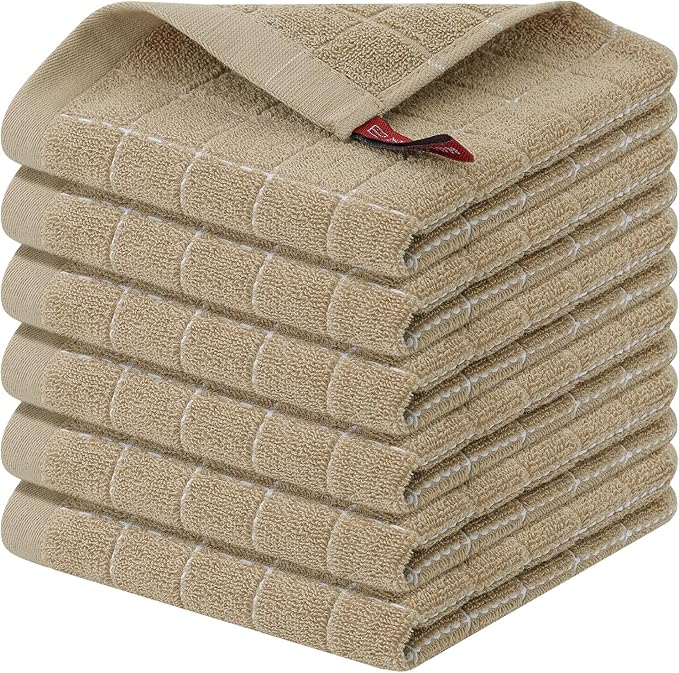 Homaxy 100% Cotton Terry Kitchen Dish Cloths, Ultra Soft and Absorbent Dish Towels for Kitchen, Perfect for Drying and Washing Dishes, 6 Pack, 12 x 12 Inches, Tan