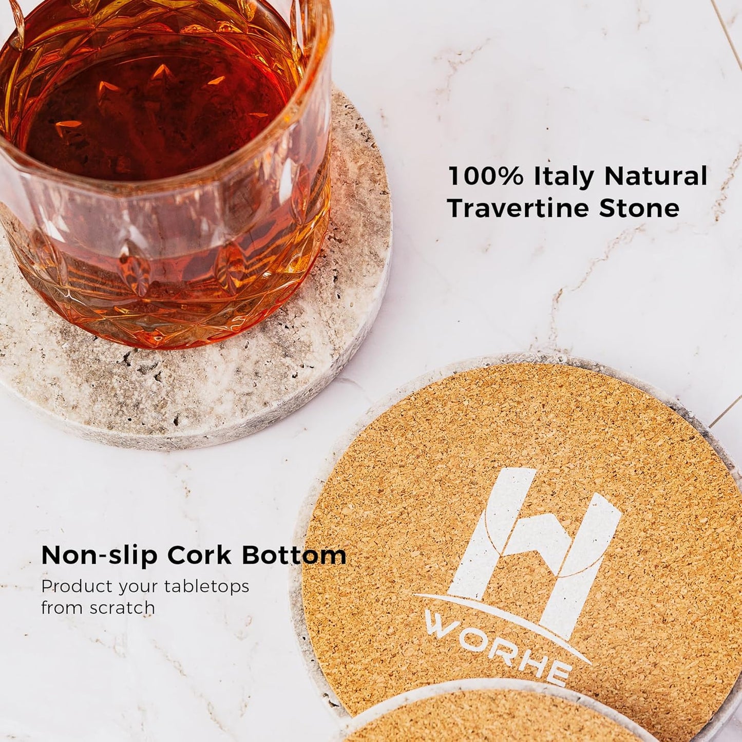 WORHE Marble Coaster for Drinks 4" Diameter Set of 4 Round Travertine Coasters for Home Decor Office Parties Birthday Housewarming Gift, Protect Countertops from Dirty,Sturdy and Tough Gray (WH056)