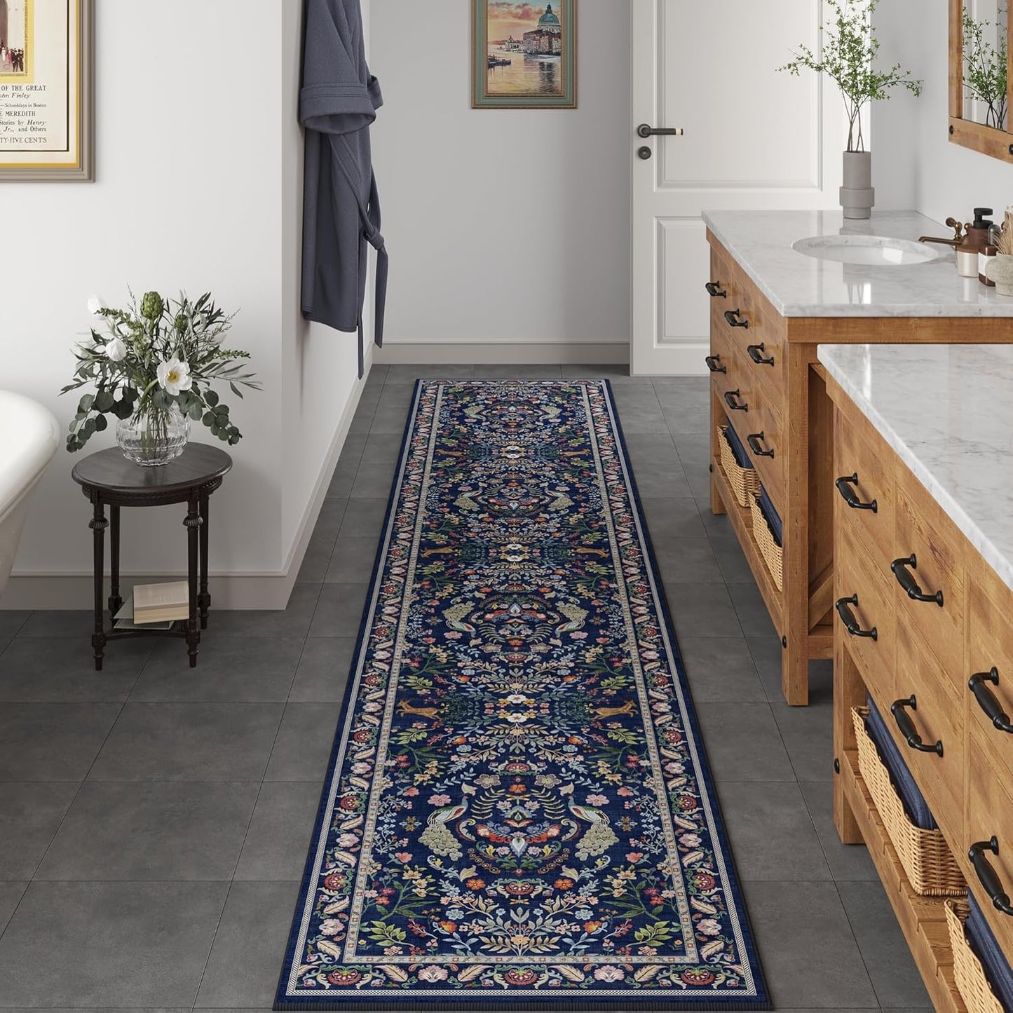 Runner Rug Washable Kitchen Runner 2'x 10' Runner Rug for Entryway Indoor Floral Soft Non-Slip Carpet Runner for Hallways, Kitchen, Laundry, Bedroom, Bathroom(Blue)