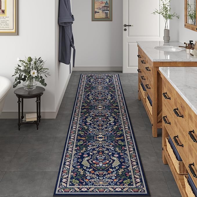 Runner Rug Washable Kitchen Runner 2'x 10' Runner Rug for Entryway Indoor Floral Soft Non-Slip Carpet Runner for Hallways, Kitchen, Laundry, Bedroom, Bathroom(Blue)