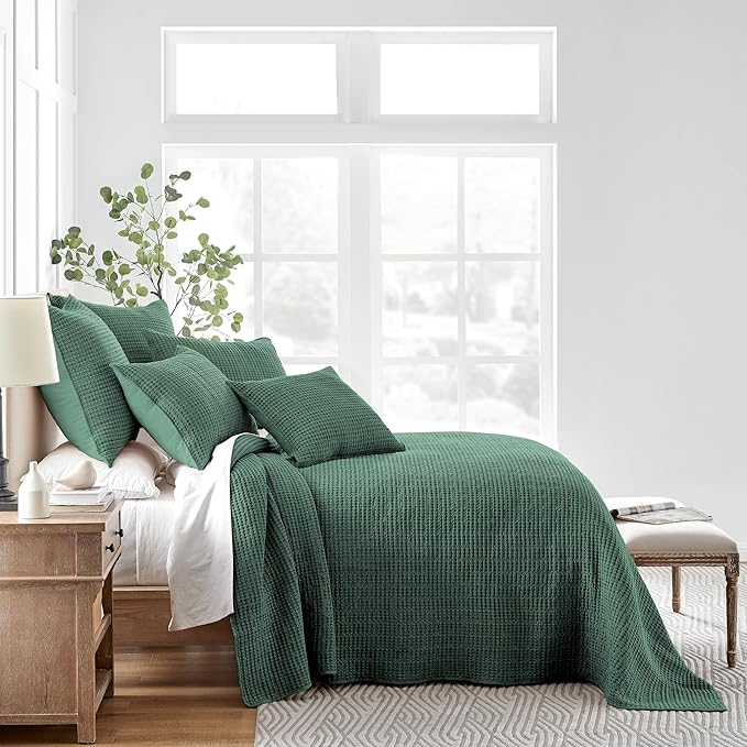 Levtex Home Mills Waffle Twin Bedspread Set (84x104in) with 1 Pillow Sham (26x20in) - Forest Green - 100% Cotton Twin Size Bedspread Set - Lightweight, Soft, Pre-Washed