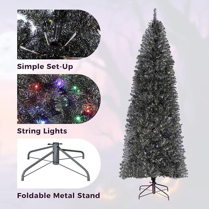 GarveeHome 7.5Ft Prelit Black Christmas Tree with Lights Halloween Tree Slim Artificial Halloween Christmas Tree Artificial Pencil Tree Automatic Branches for Home, Office, Party Decoration