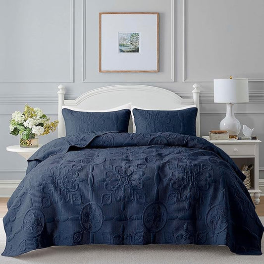Navy Blue Damask Quilt Queen Size Bedding Sets with 2 Pillow Shams, Boho Bedspread Lightweight Soft Farmhouse Vintage Bohemian Coverlet Retro Jacquard Pattern Bed Cover for All Season, 3 Pieces