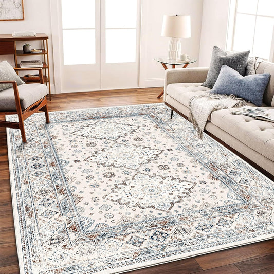 Retro Boho Design Area Rug 4x6 Washable Living Room Indoor Non-Slip Large Persian Oriental Accent Throw Rug for Kitchen Entryway Bathroom Bedroom Office Carpet