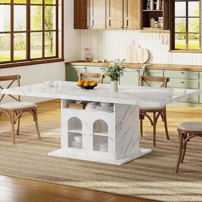 HSH Dining Table for 4–6, 63" Modern Kitchen Dining Room Table with Storage Shelves & Acrylic Door Cabinet,Wood Rectangle Dinner Table with Faux Marble Top for Home Apartment, White Faux Marble