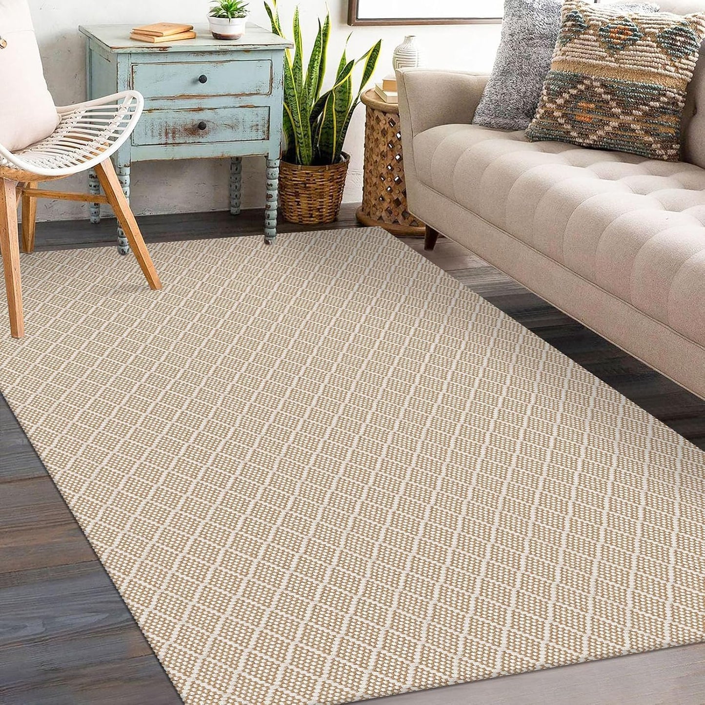 KOZYFLY Area Rug 3x5 Ft Washable Rugs for Entryway Non Slip Rubber Backed Throw Rugs Indoor Door Mat Woven Cotton Floor Carpet for Front Door Entrance Foyer Kitchen, Tan/Beige