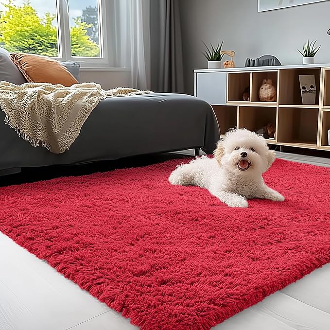 OLANLY 3x5 Machine Washable Small Bedside Rug, Soft Fluffy Shaggy Rugs for Living Room, Bedroom, Indoor Floor Carpet for Kids Girls and Boys, Preppy Dorms, Nursery, Home Decor Aesthetic, Red