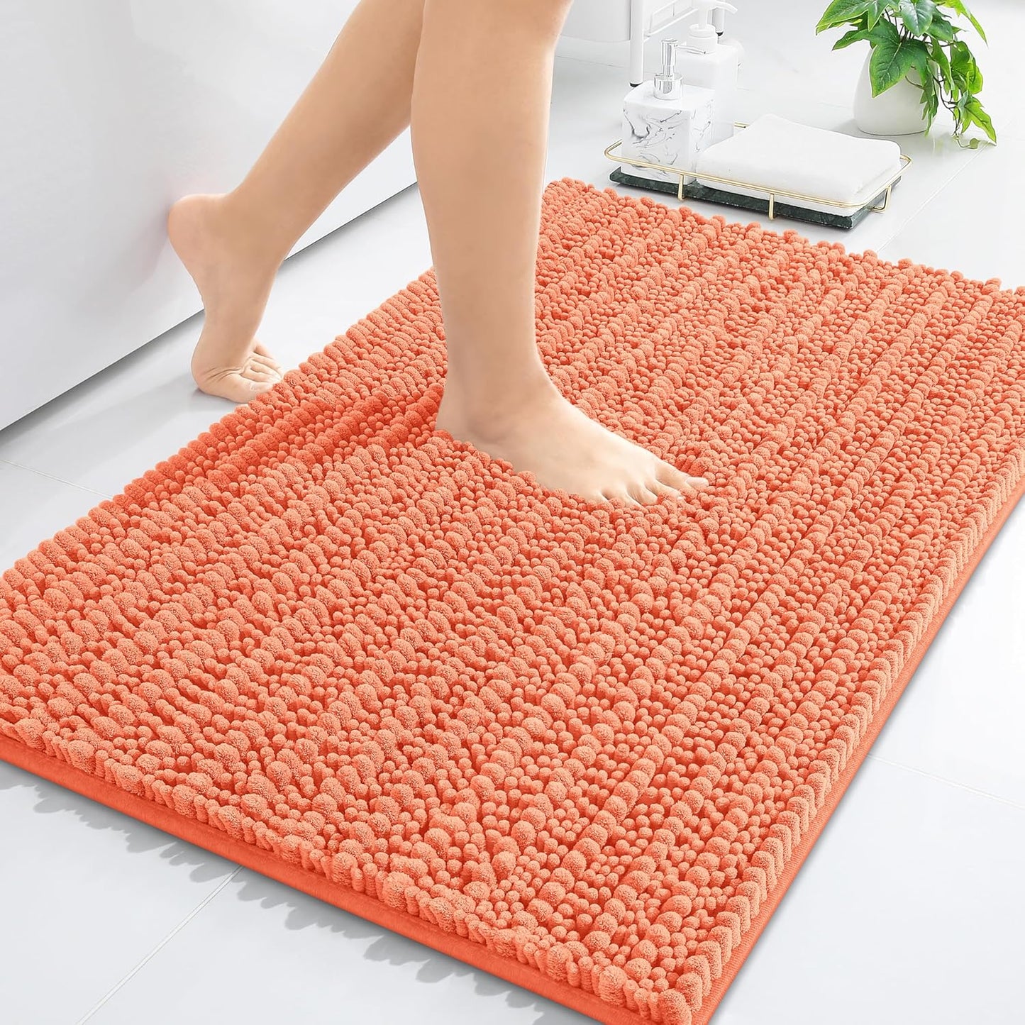 Arotive Luxury Chenille Bathroom Rug Mat, Extra Soft Thick Absorbent Shaggy Bath Rugs, Non-Slip Machine Wash Dry, Plush Bath Mats for Bathroom, Shower and Tub, 34x21, Coral
