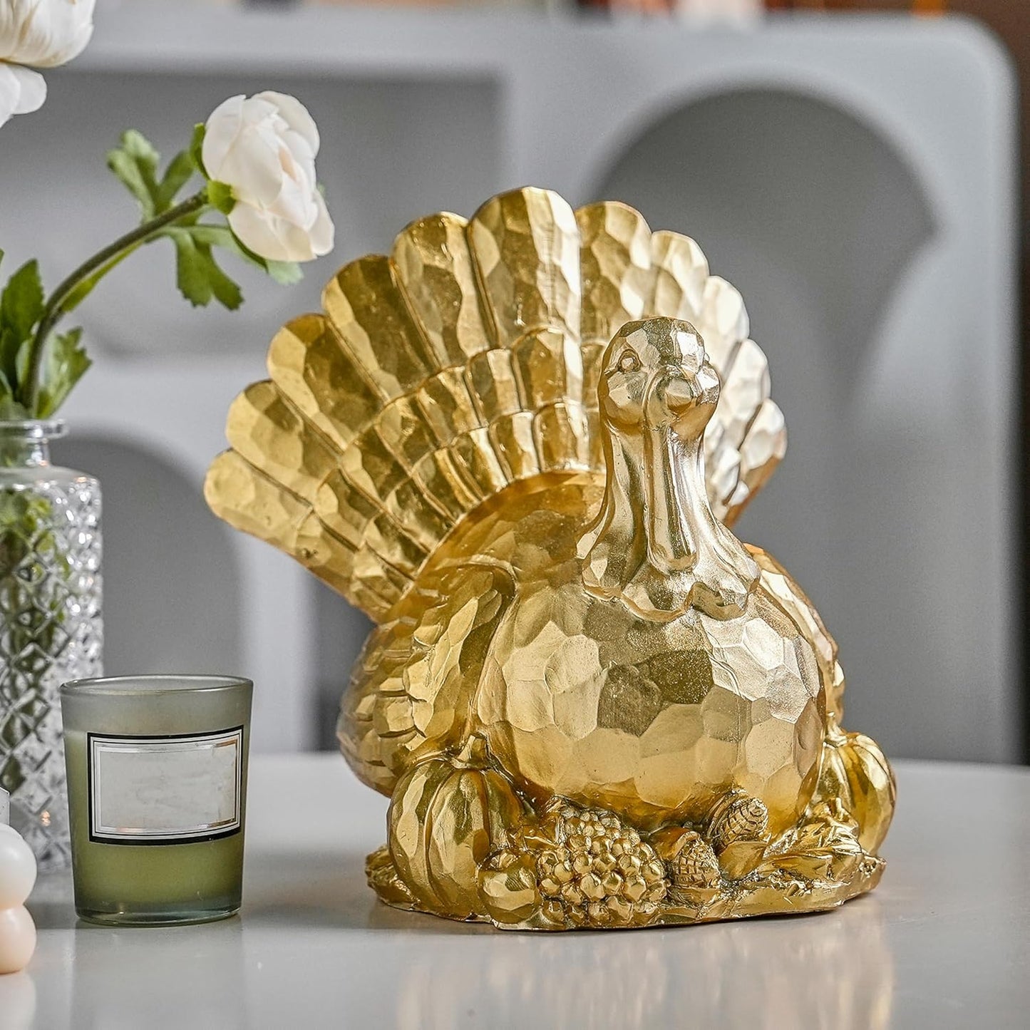 Thanksgiving Turkeys Decor, Gold Resin Turkey Figurine, Turkeys Statue for Decorating, Large Turkey Centerpiece for Table Kitchen Decoration, Harvest Home Decor