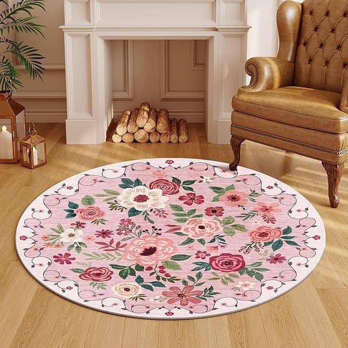 DUKINO Floral Round Rug, 4ft Washable Round Area Rug, Non Slip Indoor Low Pile Circle Rug, Soft Small Boho Design Circle Rug for Bedroom, Entryway, Living Room, Dining Room, Pink
