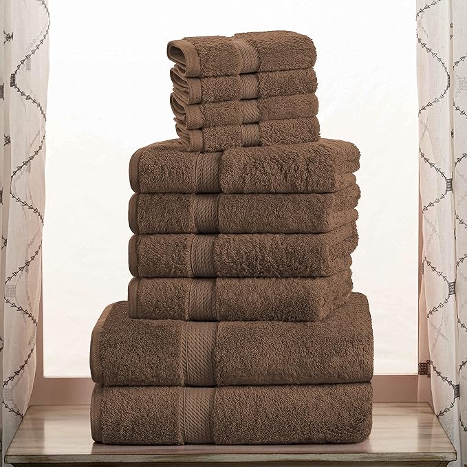 Superior Egyptian Cotton Pile 10 Piece Towel Set, Includes 2 Bath, 4 Hand, 4 Face Towels/Washcloths, Ultra Soft Luxury Towels, Thick Plush Essentials, Guest Bath, Spa, Hotel Bathroom, Chocolate