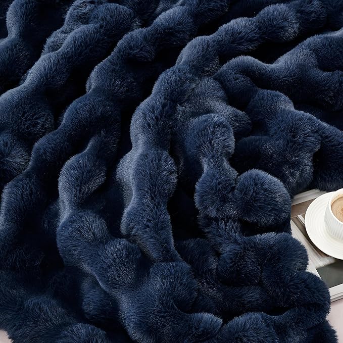 JONIYEAR Super Large Soft Fuzzy Bubble Faux Rabbit Fur Bed Blanket Queen Size 80" x 90",Decorative Big Thick Warm Fluffy Blanket for Winter,Luxury Cute Cozy Plush Shaggy Comfy Furry Blankets,Navy Blue