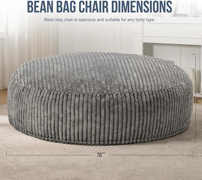 Hobestluk 6ft Bean Bag Chairs for Adults Large Beanbag Chair with Stripe Plush Cover Big Bean Bag Chair for Living Room Bedroom Dorm Office - Grey (70" x 70" x 15")