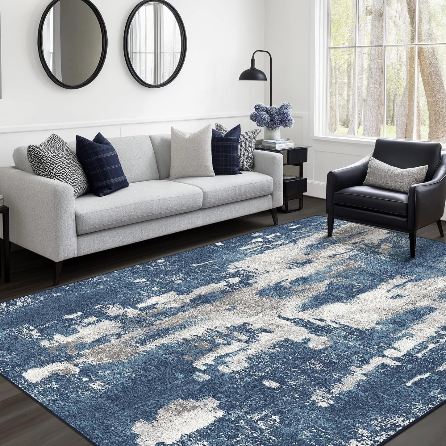 Area Rugs 5x7 for Living Room Bedroom Machine Washable Modern Abstract Soft Large Blue Rugs with Non Slip Backing, Floor Carpet for Dining Room