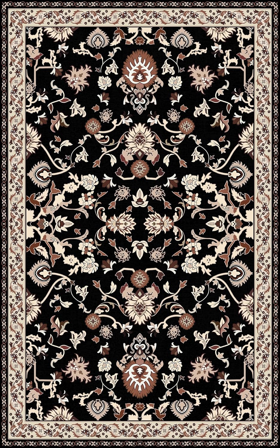 Washable Area Rug 5x8 | Non Slip Area Rug for Living Room, Bedrooms, Dining Room | Ultra-Soft Flannel Carpet Area with Rubber Backing (Black Brown Cream, 5x8)