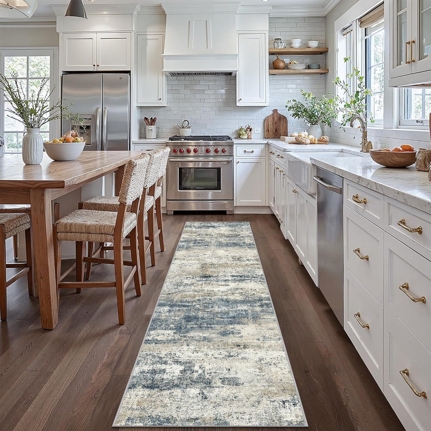 Runner Rug for Hallway Kitchen, 2x12 Machine Washable Runners Rug for Entryway, Soft Modern Abstract Throw Rugs, Low Pile Floor Cover with Non Slip Backing, Navy Beige