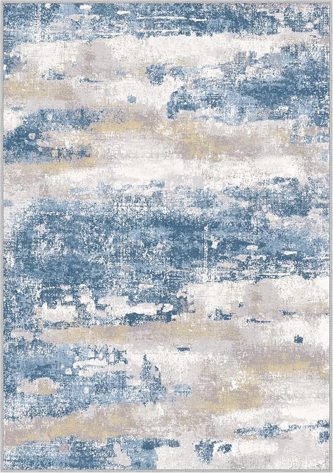 2x3 Rugs for Entryway Entrance Kitchen Bathroom, Machine Washable Modern Abstract Soft Area Rug, Indoor Floor Carpet with Non Slip Rubber Backing, Blue Cream
