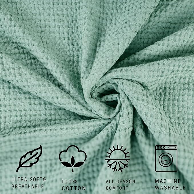 HILLFAIR 100% Combed Cotton Blanket– California King Size Bed Blankets Warm Soft All Season Breathable Lightweight Summer Waffle Weave Home Decor Blanket- Sage California King Cotton Blankets/Bedcover