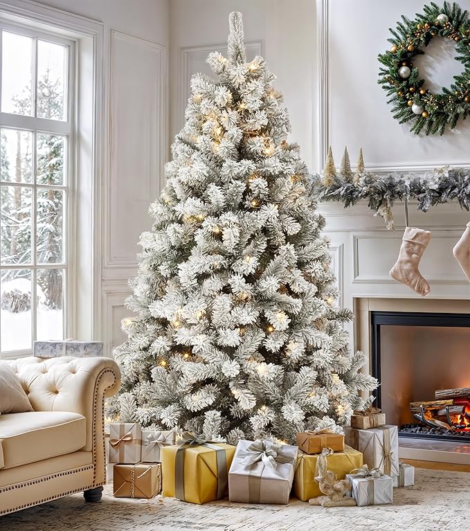 DWVO 6 ft Prelit Snow-Flocked Artificial Pine Christmas Tree, Full Xmas Tree with 250 Lights, 8 Lighting Modes, 1000 Tips, Foldable Base for Home and Party Decor with Remote Control