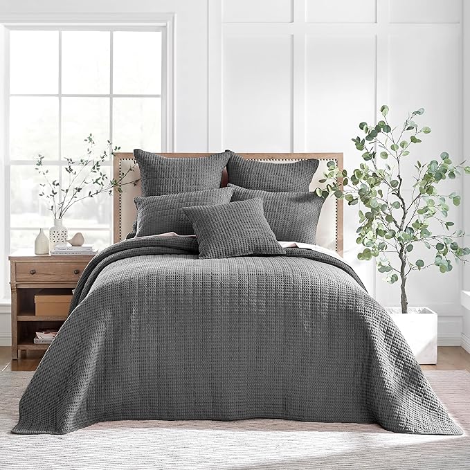 Levtex Home Mills Waffle Twin Bedspread Set (84x104in) with 1 Pillow Sham (26x20in) - Charcoal - 100% Cotton Twin Size Bedspread Set - Lightweight, Soft, Pre-Washed