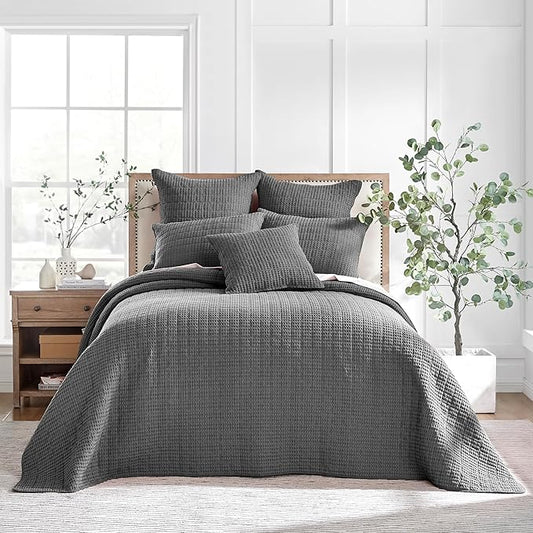 Levtex Home Mills Waffle Twin Bedspread Set (84x104in) with 1 Pillow Sham (26x20in) - Charcoal - 100% Cotton Twin Size Bedspread Set - Lightweight, Soft, Pre-Washed