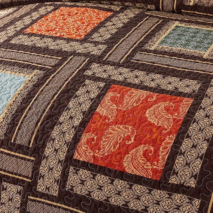 NEWLAKE Cotton Patchwork Bedspread, 3-Piece Bedding Quilt Set with Real Stitched Embroidery, Reversible Matelasse Bed Coverlet Set,Bohemian Farmhouse,Twin Size