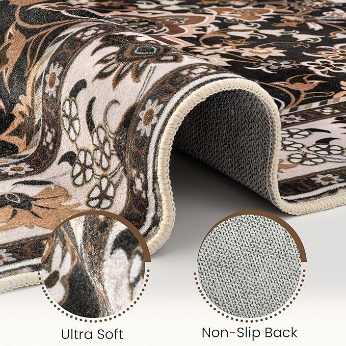 Washable Runner Rug 2x6 | Non Slip Rug Runners for Hallways, Entryways, Kitchens, Bathrooms, Bedrooms | Ultra-Soft Flannel Carpet Runners with Rubber Backing (Cream Black Brown, 2x6)