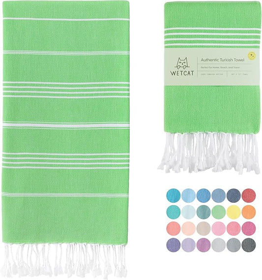 WETCAT Turkish Beach Towel Oversized (38"x71") 100% Turkish Cotton, Made in Turkey - Sand Free, Extra Large, Ultra Soft, Quick Drying, Compact & Lightweight for Travel - Lime Green