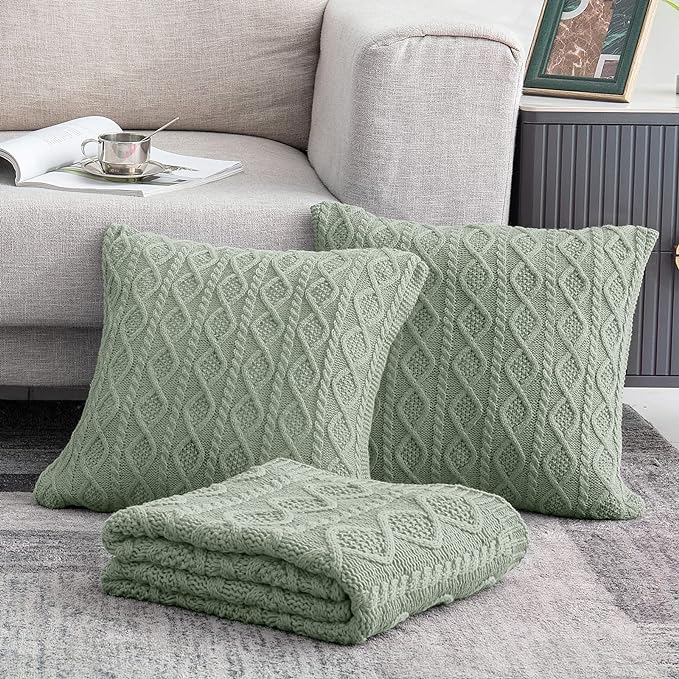Homiest Cable Knit Throw Blanket and Pillow Set, Sage Green Set of 3, Knitted Throw (50"x60") & 2 Pillow Covers (18"x18"), Soft & Cozy Decorative for Couch Bed Sofa