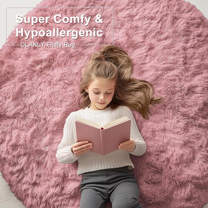 OLANLY Pale Pink Round Rugs for Bedroom - Machine Washable, 2 ft Circle Area Rugs for Living Room, Soft and Fluffy Shaggy Carpet for Teen Girls and Boys, Nursery Rooms, Dorms, Home Decor Aesthetic