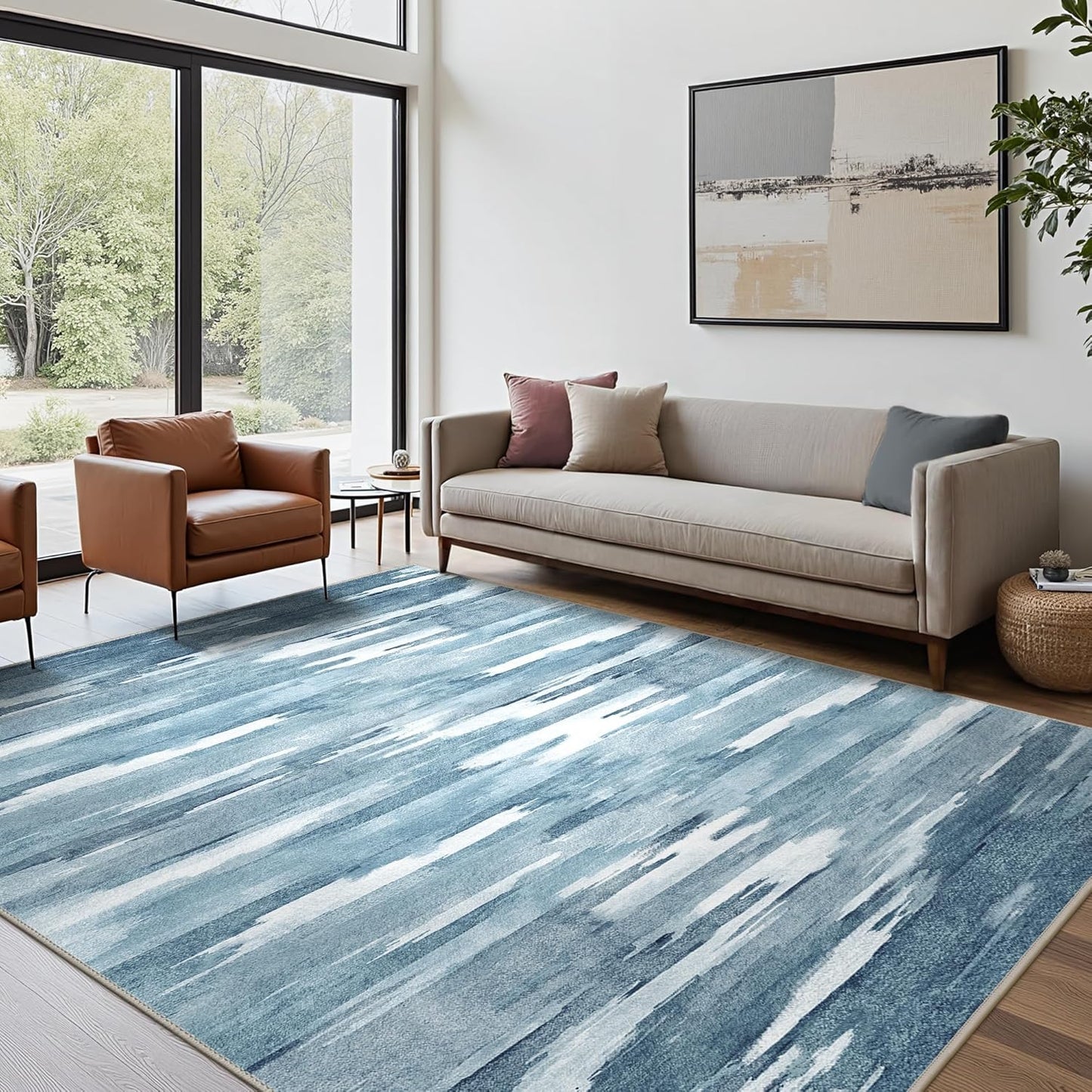Area Rugs 8x10 Machine Washable Rug for Bedroom Living Room Dining Room, Large Modern Abstract Soft Rugs, Indoor Low Pile Carpet with Non Slip Rubber Backing, Glacial Blue