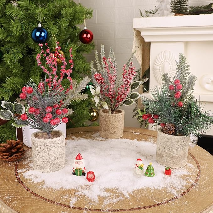 winemana Mini Christmas Tree Table Decorations Indoor, 3 Pcs Small Artificial Xmas Trees Decoration with Red Berries Pine Cone for Centerpiece Kitchen Office Tabletop Home Holiday Decor
