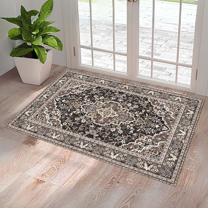 Washable Entryway Rug 3x5 | Non Slip Rug Runners for Hallways, Entryways, Kitchens, Bathrooms, Bedrooms | Ultra-Soft Flannel Carpet Kitchen Rug with Rubber Backing (Black Brown, 3x5)