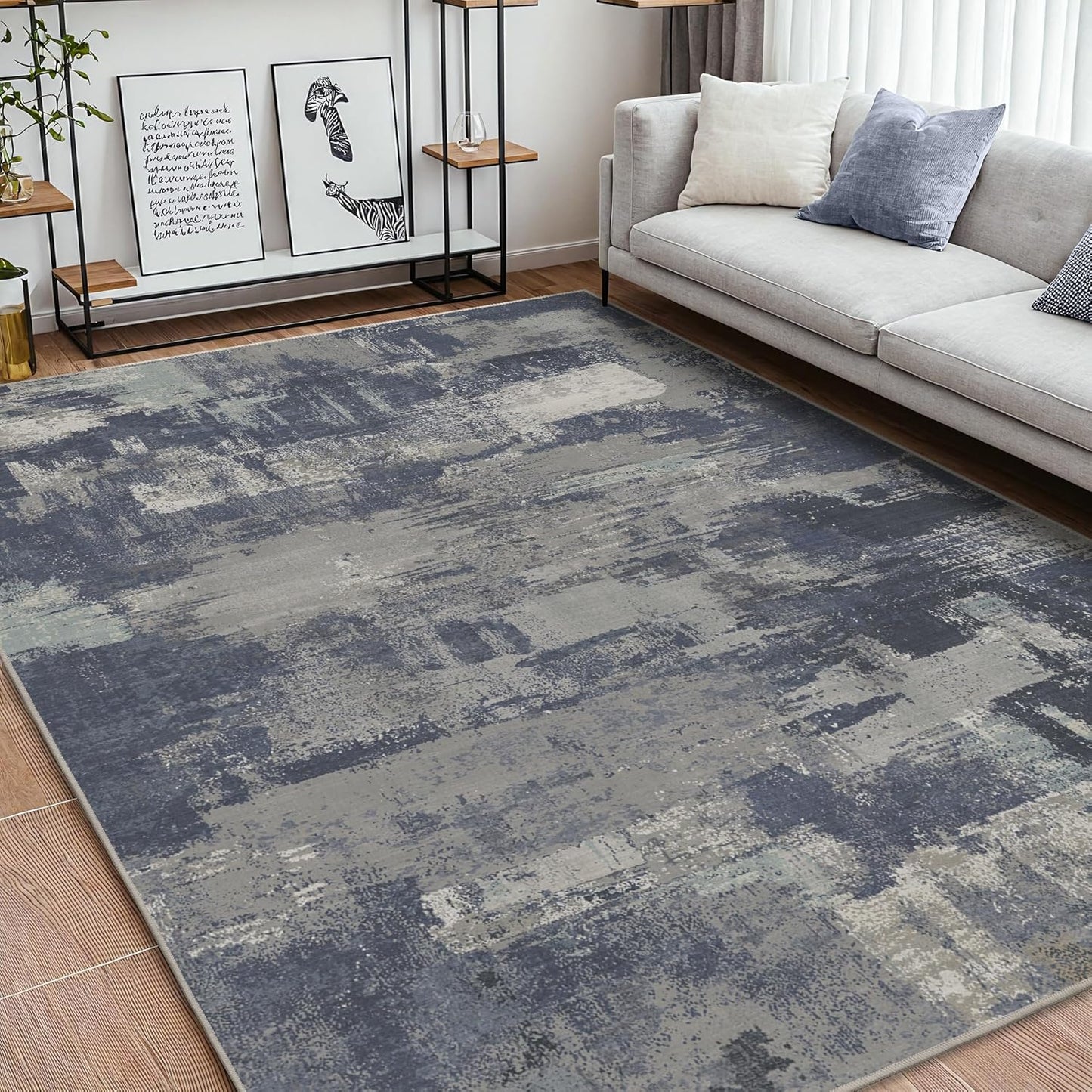Area Rugs 8x10 for Living Room Bedroom, Modern Abstract Machine Washable Large Soft Navy Blue Rug, Low Pile Floor Carpet with Non Slip Backing for Dining Room, Harbor/Navy Blue