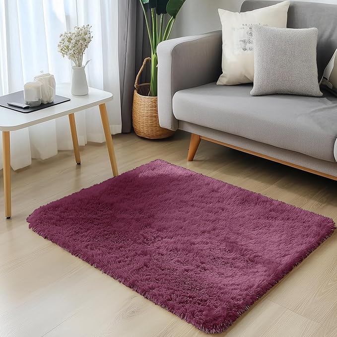 OLANLY 2x3 Machine Washable Small Bedside Rug, Soft Fluffy Shaggy Entryway Throw Rugs for Bedroom, Living Room, Indoor Floor Carpet for Kids Girls Boys, Nursery Rooms, Home Decor Aesthetic, Burgundy