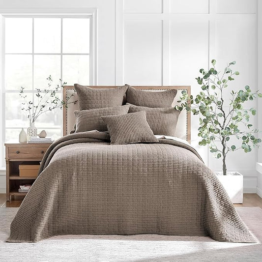 Levtex Home Mills Waffle Queen Bedspread Set (106x106in) with 2 Pillow Shams (26x20in) - Cocoa - Cotton Waffle Queen Size Bedspread Set - Lightweight, Soft, Pre-Washed