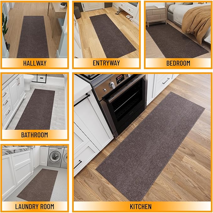 Ottomanson 2'7" x 9' Ultra-Thin Hallway Runner Rug - Durable Non-Slip Carpet for High-Traffic Areas - Fits Under Doors for Seamless Entry - Ideal for Kitchen, Entryway, Bedroom & Living Room, Brown