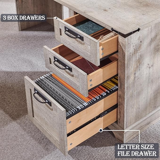 RedLemon 60" Farmhouse L Shaped Executive Desk with Drawers, Wood Home Office Corner Desk with Charging Station, File Drawer, Storage Cabinet, Rustic Computer Writing Desk (Light Rustic Oak)