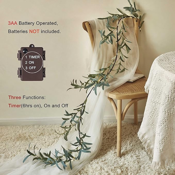 LITBLOOM Lighted Olive Garland Battery Operated with Timer 96 Fairy Lights 6FT, Artificial Greenery Twig Vine Lights for Christmas Spring Fireplace Mantle Decoration Indoor Outdoor