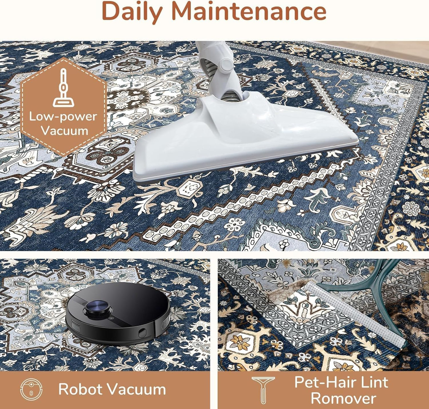 OPPODREAM Soft Area Rugs 9x12 Living Room, Washable Rugs 9x12 with Non Slip Backing, Faux Cashmere Low-Pile 9 x 12 Carpet, Navy Blue & Gold