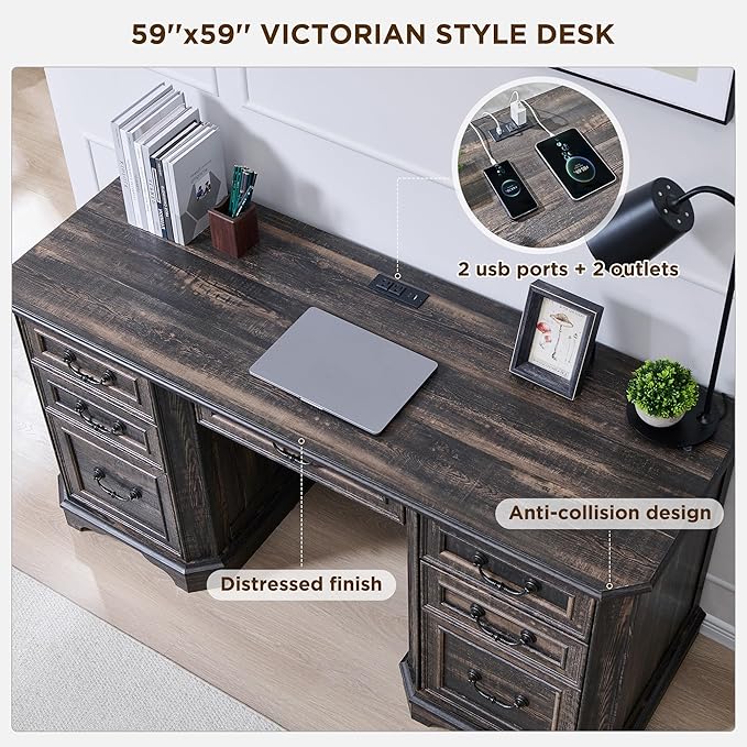 T4TREAM 59" Farmhouse Executive Desk with Drawers,Wood Home Office Computer Desk, Featuring Keyboard Tray,Charging Station,File Drawer, Storage Cabinet,for Work and Study (Dark Rustic Oak)