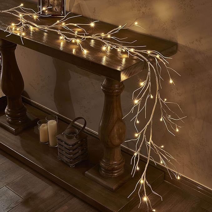 LITBLOOM Lighted Birch Garland 6FT 48 LED Battery Operated with Timer Pre-lit Twig Vine Lights for Christmas Fireplace Mantle Table Decoration Indoor Outdoor