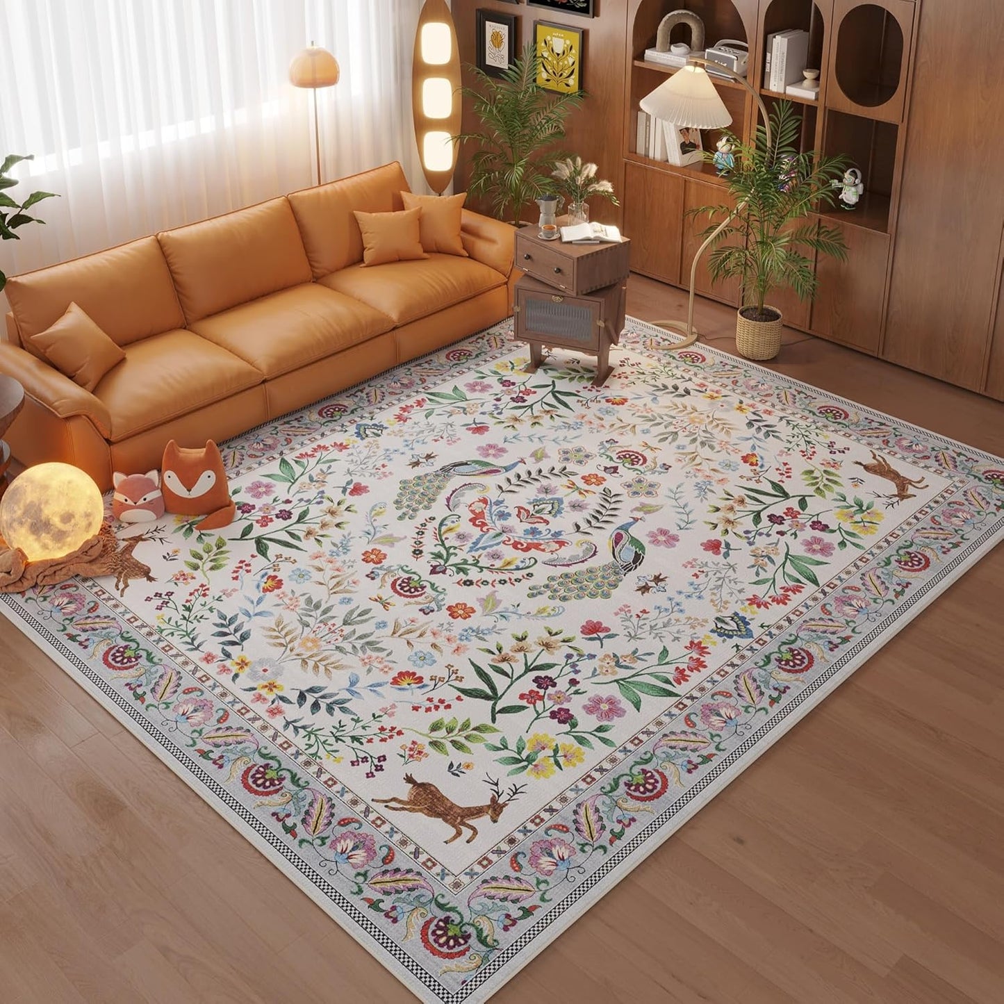 Living Room Rug 5x7 Rug Machine Washable Area Rug Floral Non-Slip Low Pile Large Rugs for Living Room, Bedroom, Farmhouse, Dining Room, Kids Playroom(Colorful)