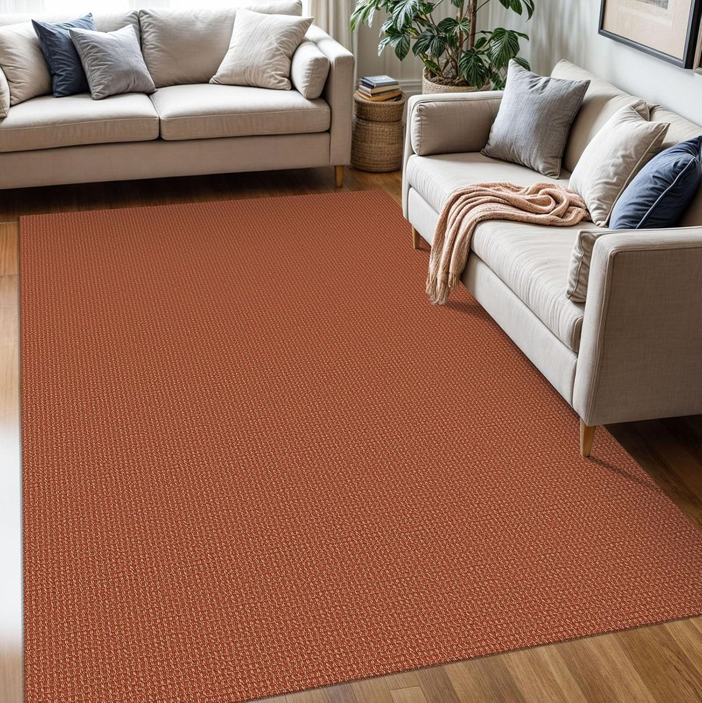 KOZYFLY Washable Area Rug 5x7 ft Rubber Backed Non Slip Rugs for Living Room Braided Cotton Bedroom Rug Woven Office Rugs Indoor Outdoor Floor Carpets for Dining Bedroom Living Room, Orange/Tan