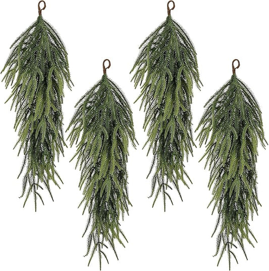 4 Pcs Extra Length Artificial Christmas Teardrop Swag, 30" Faux Pine Needles Teardrop Door Swag, Christmas Norfolk Greenery Teardrop Wreath for Xmas Door Table Mantle Fireplace Indoor Outdoor Decor