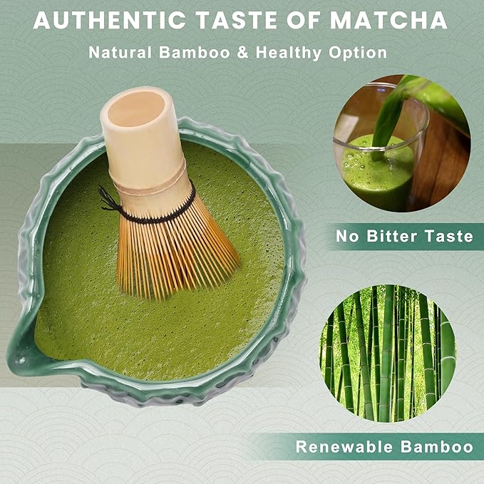 Matcha Whisk Set 6Pcs,Matcha Whisk (Chasen) and Holder,Matcha Bowl with Spout,Matcha Sifter and Matcha Spoon,Scoop for Matcha Maker Dark Green