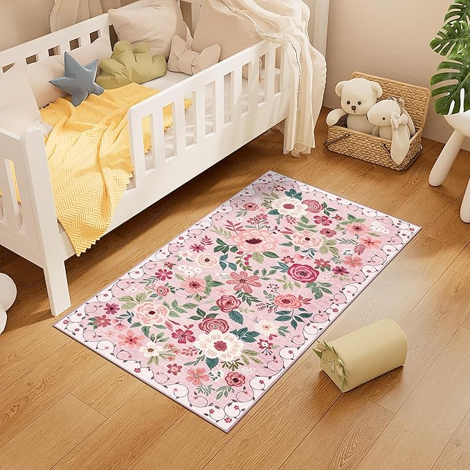 DUKINO 2x4 Rug for Entryway, Washable Kitchen Floral Runner Rug with Non Slip Backing, Low Pile Soft Boho Carpet for Kitchen, Hallway, Entryway, Laundry, Bedroom, Pink