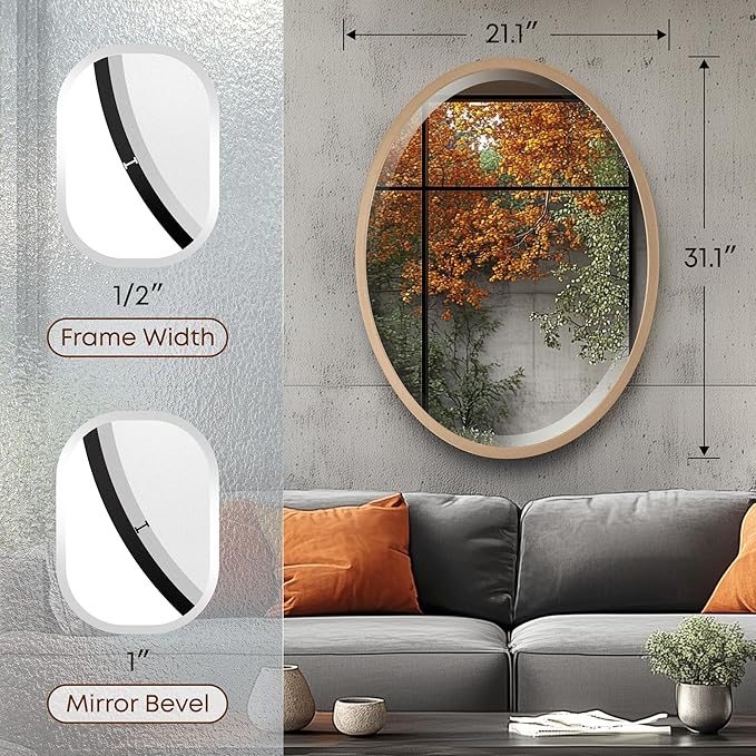 OVALCREST - Oval Wooden Beveled Wall Mirror for Home Decor, Bathroom, Vanity, Bedroom, Living Room, Hallway - London Style (Gold Spray) 21.1 x 31.1